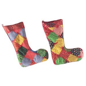 Vintage Christmas Fabric Patchwork Stockings Handcrafted Quilted Retro Lot Of 2